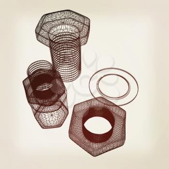 bolts with a nuts and washers. 3D illustration. Vintage style.