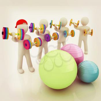3d mans with fitness balls and dumbells. 3D illustration. Vintage style.
