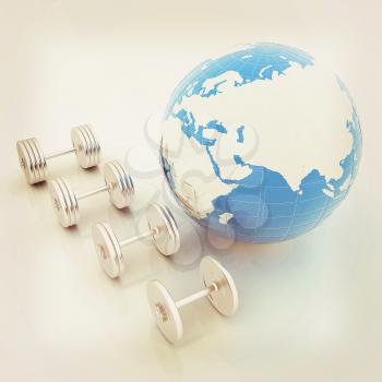 dumbbells and earth. 3D illustration. Vintage style.