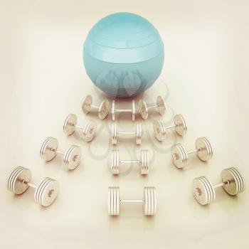 Fitness ball and dumbell. 3D illustration. Vintage style.