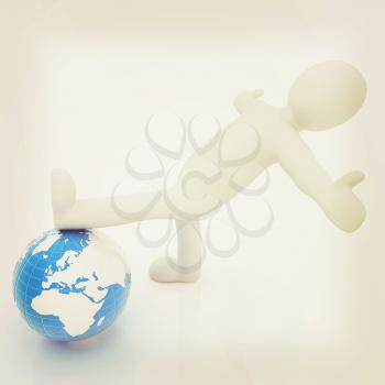 3d man and earth. Global business concept: the whole earth at my feet. 3D illustration. Vintage style.