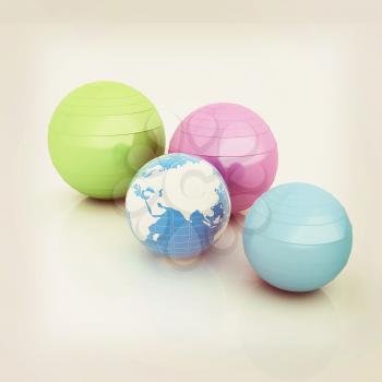 Pilates fitness ball and earth. 3D illustration. Vintage style.