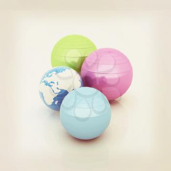 Pilates fitness ball and earth. 3D illustration. Vintage style.