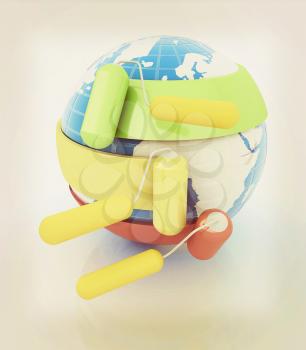 Rollers brushes paints around planet Earth. Concept of 3d printing. 3D illustration. Vintage style.