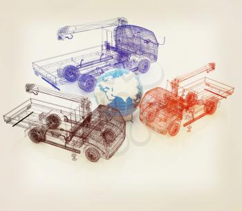 3d model truck and Earth. Global concept. 3D illustration. Vintage style.