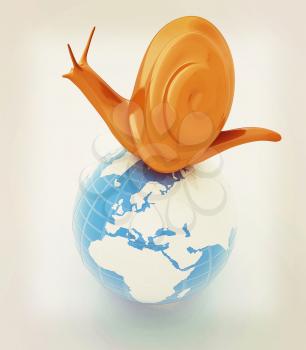 3d fantasy animal, snail and earth on white background . 3D illustration. Vintage style.