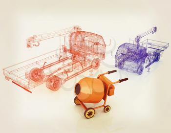 3d model concrete mixer and truck. 3D illustration. Vintage style.
