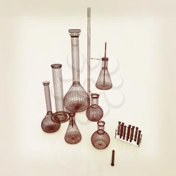 Chemistry set, with test tubes, and beakers filled with colored liquids. 3D illustration. Vintage style.