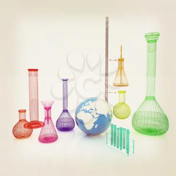 Chemistry set, with test tubes, and beakers filled with colored liquids and Earth. 3D illustration. Vintage style.