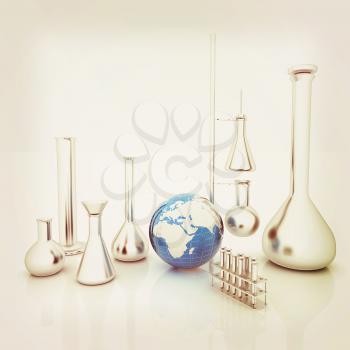 Chemistry set, with test tubes, and beakers filled with colored liquids and Earth. 3D illustration. Vintage style.