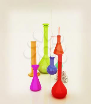 Chemistry set, with test tubes, and beakers filled with colored liquids. 3D illustration. Vintage style.