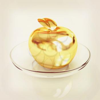 Gold apple on a plate. 3D illustration. Vintage style.