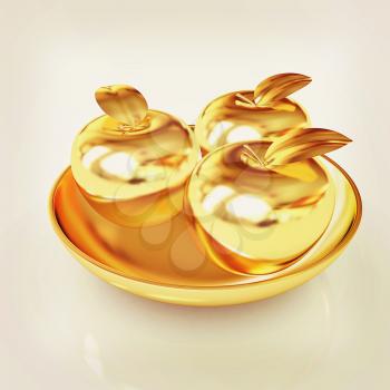 Gold apples on a plate. 3D illustration. Vintage style.