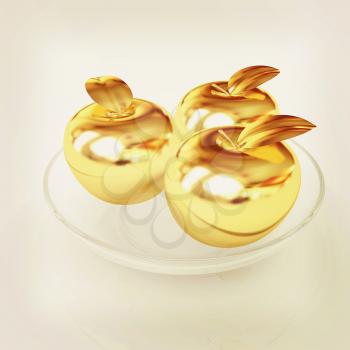 Gold apples on a plate. 3D illustration. Vintage style.