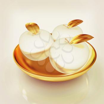 Metall apples on a plate. 3D illustration. Vintage style.