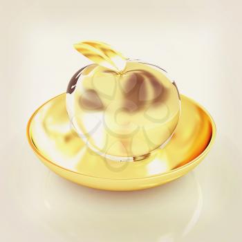 Glass apple on a plate. 3D illustration. Vintage style.