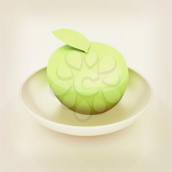 apple in a plate on white. 3D illustration. Vintage style.