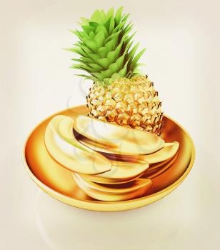 Gold citrus in a dish. 3D illustration. Vintage style.