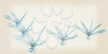 Dragonflies. 3D illustration. Vintage style.