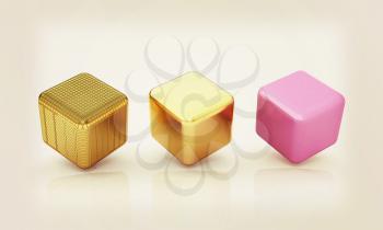 set of all metal cubes of gold, black gold, pink plastic. 3D illustration. Vintage style.