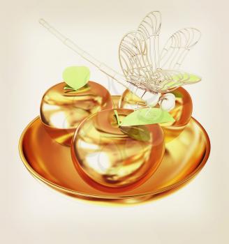 Dragonfly on gold apples. 3D illustration. Vintage style.