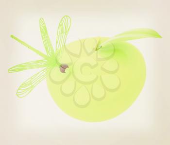 Dragonfly on apple. 3D illustration. Vintage style.