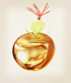 Dragonfly on gold apple. 3D illustration. Vintage style.