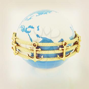 Design fence of anchors on the ropes and Earth in the center. 3D illustration. Vintage style.