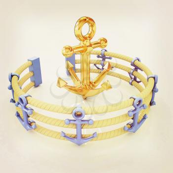Design fence of anchors on the ropes and anchor in the center. 3D illustration. Vintage style.