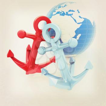 anchors and Earth. 3D illustration. Vintage style.