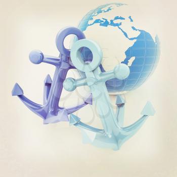 anchors and Earth. 3D illustration. Vintage style.