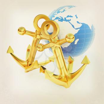 Gold anchors and Earth. 3D illustration. Vintage style.