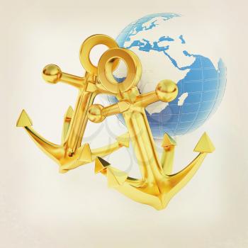 Gold anchors and Earth. 3D illustration. Vintage style.