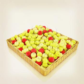 Wicker basket full of apples isolated on white. 3D illustration. Vintage style.