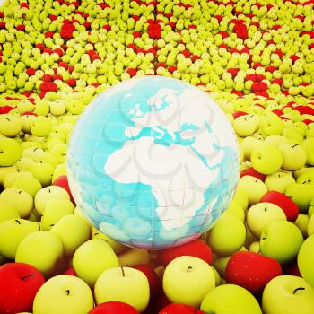 apples background and Earth. Global concept Thanksgiving Day. 3D illustration. Vintage style.