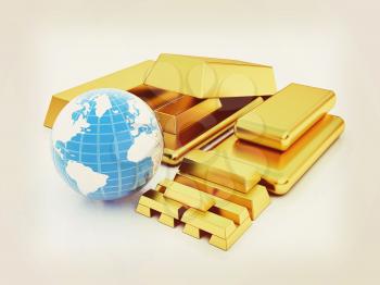 Earth and gold bars. 3D illustration. Vintage style.