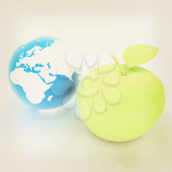 Earth and apple. Global dieting concept. 3D illustration. Vintage style.