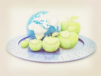 Earth and apples around - from the smallest to largest. Global dieting concept. 3D illustration. Vintage style.
