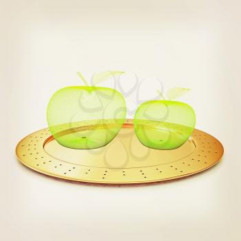Serving dome or Cloche and apple . 3D illustration. Vintage style.