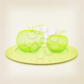 Serving dome or Cloche and apple . 3D illustration. Vintage style.