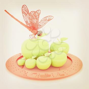 Dragonfly on apple on Serving dome or Cloche. Natural eating concept. 3D illustration. Vintage style.
