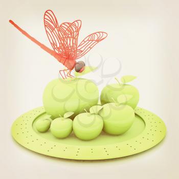 Dragonfly on apple on Serving dome or Cloche. Natural eating concept. 3D illustration. Vintage style.