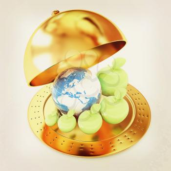 Earth and apples around - from the smallest to largest. Global dieting concept. 3D illustration. Vintage style.