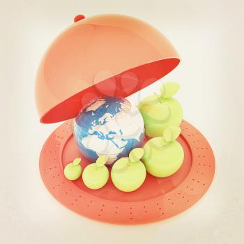 Earth and apples around - from the smallest to largest on Serving dome or Cloche. Global dieting concept. 3D illustration. Vintage style.
