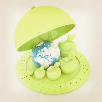 Earth and apples around - from the smallest to largest on Serving dome or Cloche.  Global dieting concept. 3D illustration. Vintage style.