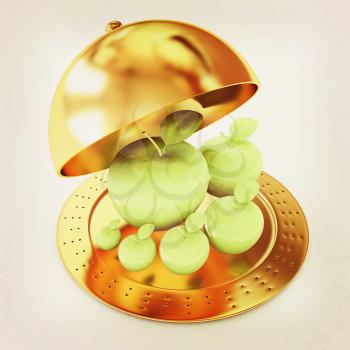One large apple and apples around - from the smallest to largest on Serving dome or Cloche and apple . 3D illustration. Vintage style.