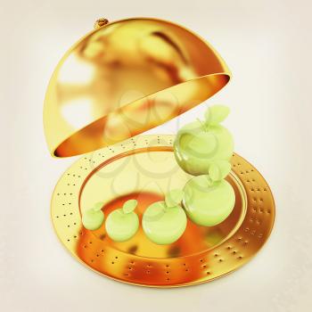 Serving dome or Cloche and apples. 3D illustration. Vintage style.