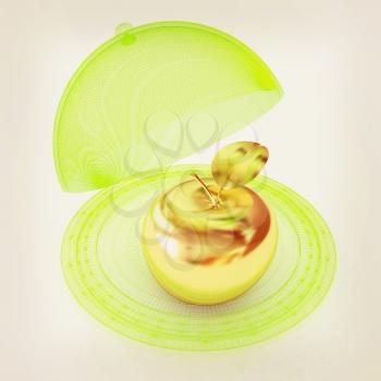 Serving dome or Cloche and gold apple . 3D illustration. Vintage style.