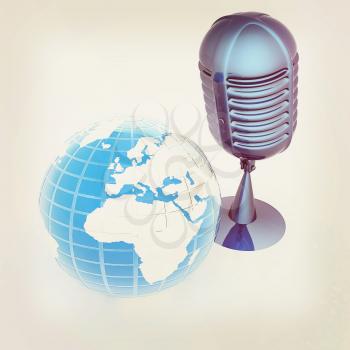Global online with earth and mic. 3D illustration. Vintage style.