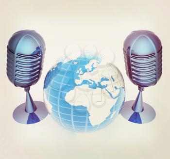 Global online with earth and mics. 3D illustration. Vintage style.